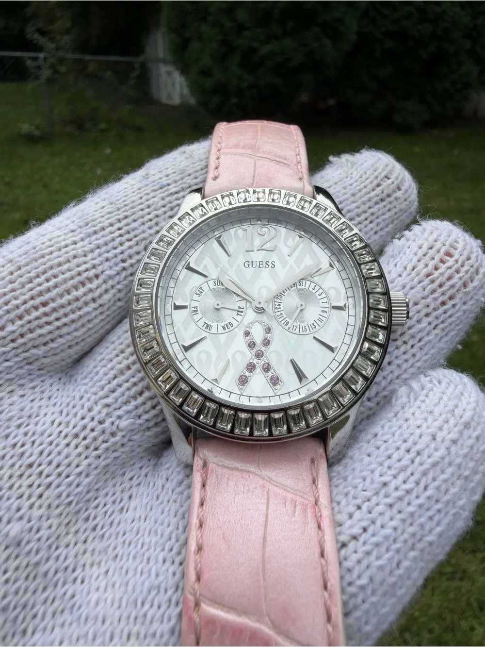Guess Breast Cancer Awareness Watch U11542L1 Pink Ribbon Crystal Bezel Leather